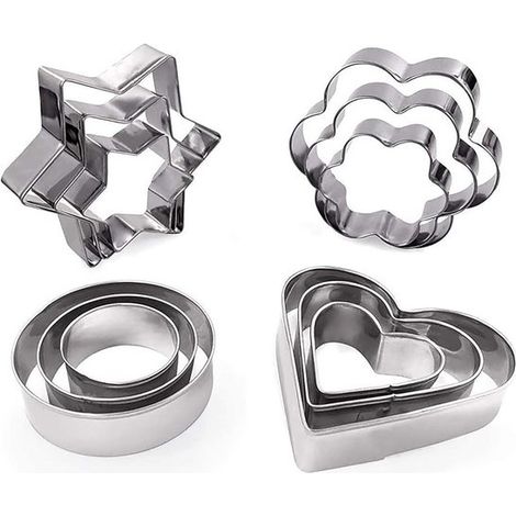 Set di 12 formine per biscotti in metallo di varie forme: fiore, stella, cuore e rotondo. (1/5)
