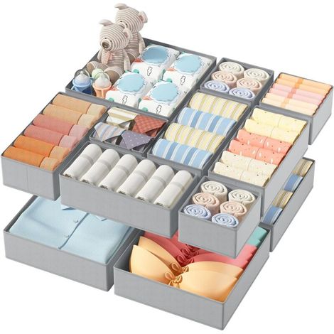 Set mit 12 Aufbewahrungsboxen aus Vliesstoff, faltbar und atmungsaktiv, ideal für BHs und Unterwäsche, klassisches Grau (1/5)
