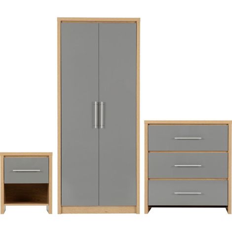 Seconique Seville Grey Gloss & Oak 3 Piece Bedroom Set Wardrobe, Drawers & Bedside Cabinet (1/4)