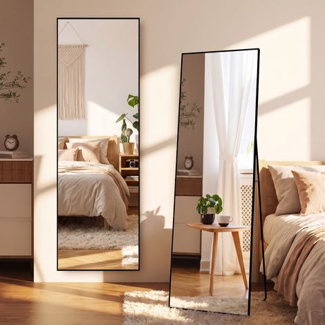 Miroir sur pied 173x63 cm - grand miroir de sol pleine longueur avec support et accrochage mural - cadre en alliage d'aluminium pour chambre et salon - noir (1/5)