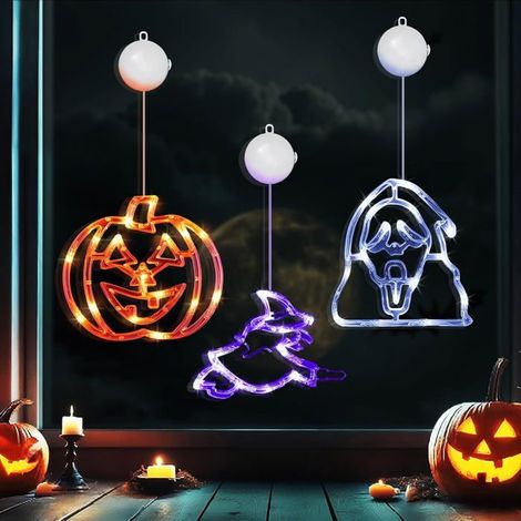 Lot de 3 décorations LED de fenêtre Halloween avec ventouse, motifs festifs pour maison, vitrine, pour intérieur et extérieur (1/5)