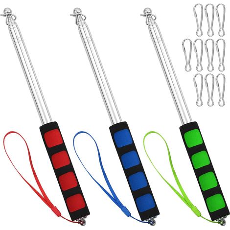 Paquete de 3 astas telescópicas para bandera, varilla portátil de 2 m, accesorios de acero inoxidable con 10 clips para viajes, camping, excursiones, competiciones, guía de viaje para profesores (1/5)