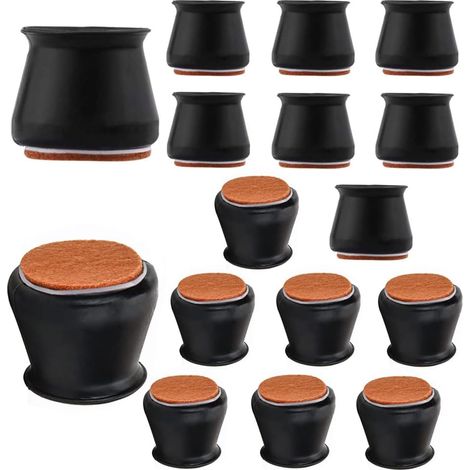 16PCS Couvre-jambes de chaise en silicone rond avec coussin en feutre pour housse de protection de meubles élastique pour éviter les rayures pour les pieds de chaise 35-40mm, noir (1/5)