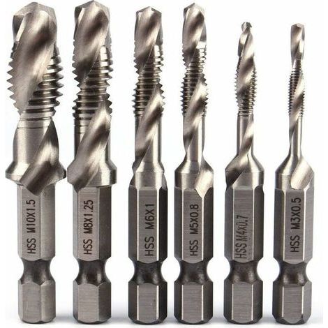 6-teiliges HSS-Bohrerset, 1/4"-Sechskantschaft, Kombinationsbohrerset, HSS-Bohrer M3-M10 metrisches Gewinde, für Holz, Eisen, Aluminium, Silber (1/5)