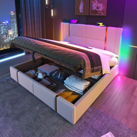 Lit coffre 160x200 avec rangement et LED RGB contrôlé par APP, lit double capitonné avec port USB Type-C et sommier à lattes, tissu lin beige (1/5)