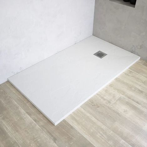Piatto Doccia Rettangolare 80x150 cm in Marmoresina Bianco Effetto Pietra Antiscivolo h3 cm Griglia Copripiletta Inclusa Mod. Milos