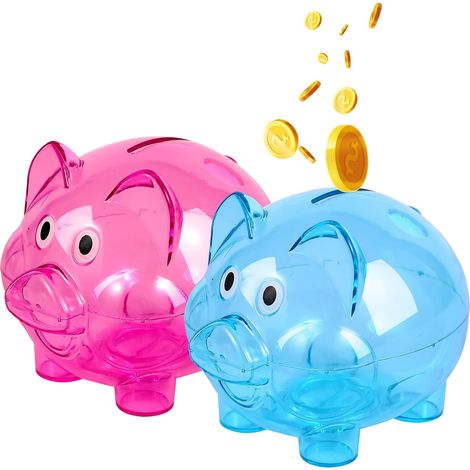 Tirelire cochon transparente bleue et rose, incassable, pour enfants, garçons, filles, anniversaires, fêtes de naissance. (1/5)