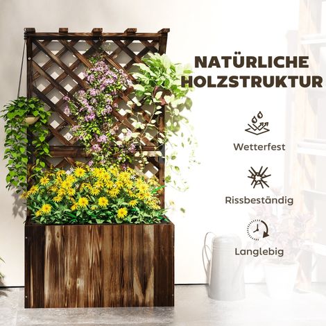 Carré potager surélevé en bois carbonisé avec treillis, jardinière à fleurs 64x33x122cm, bac de culture avec support d'escalade pour jardin (1/5)