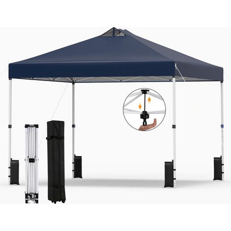 Tonnelle Pliante 3x3 m, Tonnelle de Jardin Exterieur, Montage Instantané, Toit à Revêtement Argenté, Anti UV, 4 Sacs de Sable, Sac à roulettes, Bleu
