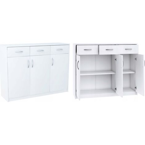 Buffet blanc 3 portes 3 tiroirs – Meuble de rangement contemporain 110 x 35 x 85 cm – Panneau stratifié résistant aux rayures (1/5)