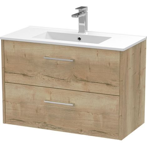 Winshill Contemporary 2 Drawer Wall Hung Vanity Unit with Minimalist Basin, Light Oak, 800mm