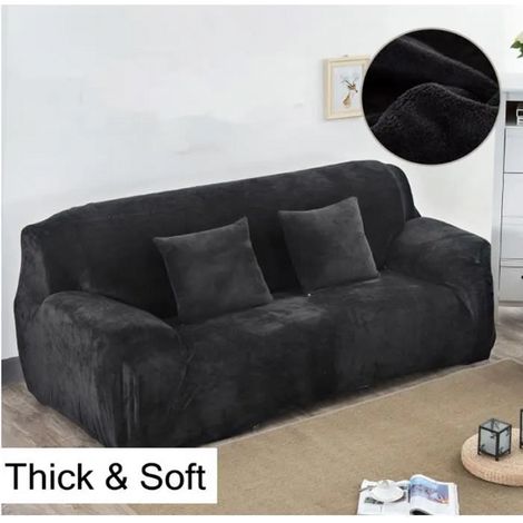 Housse de canapé - Velours pour canapé 3 places - Ensemble housse - Bande élastique - Style européen - Noir - 190-230 cm (1/3)