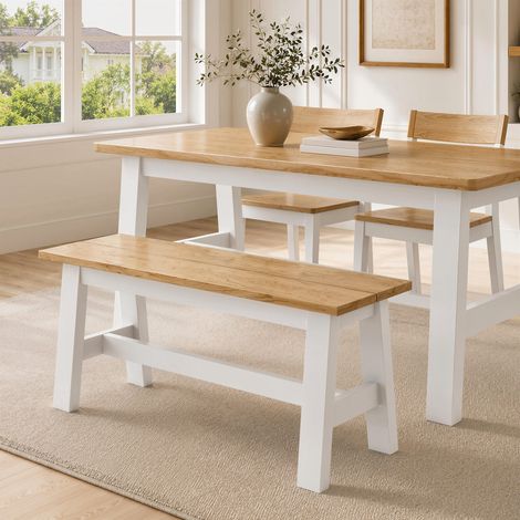 Banc 2 places, banc en bois aspect chêne, barre transversale de stabilisation, pour salon, salle à manger, couloir, bois d'hévéa, blanc (1/5)