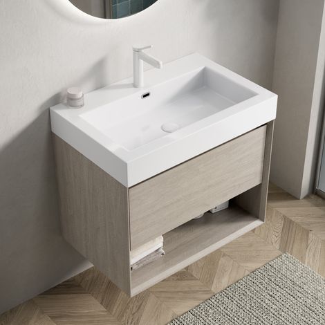 Mobile lavabo bagno 70x46x60 cm, lavabo integrato in resina, cassetto e ripiano aperto, rovere chiaro e bianco (1/5)