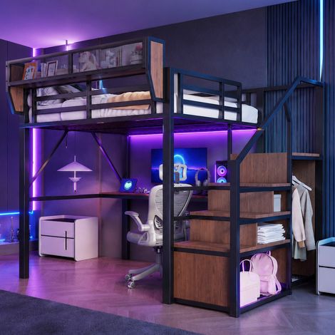 Lit mezzanine 140x200 cm avec sommier à lattes inclus bureau intégré bande led et échelle de sécurité lit haut en métal gain de place pour adulte et enfant - noir (1/5)