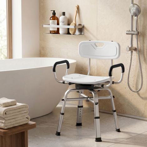 Chaise de douche pivotante réglable en hauteur avec accoudoirs et dossier, capacité de charge 150 kg, blanche (1/5)