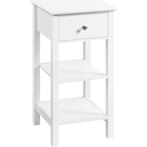 Homevive Mesita de Noche Alta Blanca Mesilla de Noche de Madera MDF con 1 Cajón y 2 Estantes Mesa Auxiliar para Sofá Dormitorio 35×35×70cm Blanco (1/5)