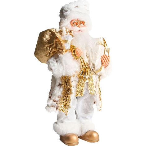 Décoration de Noël en Matière Synthétique et Tissu Forme Père Noël sur Pied Figurine Décorative Blanc et Doré Straumsfjorden