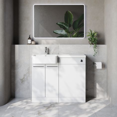 Napoli 250 Gloss White 1000mm 2 Door Vanity Unit Toilet Suite with Left Hand Round Rico Semi Recessed Basin - 1000mm - Chrome 160mm HandleWithout Kingston Toilet Pan