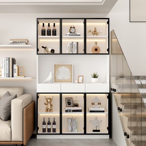 Vitrine haute blanche 200 cm avec portes, avec lumières LED, bibliothèque de rangement multifonction pour collection, chambre, salon et bureau, blanc – cadre de porte noir