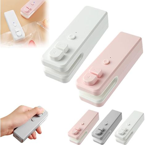 Mini scelleuse de sacs 2 en 1 sous vide pour snacks, mini fermeture de pochette rechargeable, scelle et découpe pour conserver la fraîcheur des aliments (rose + blanc) (1/5)
