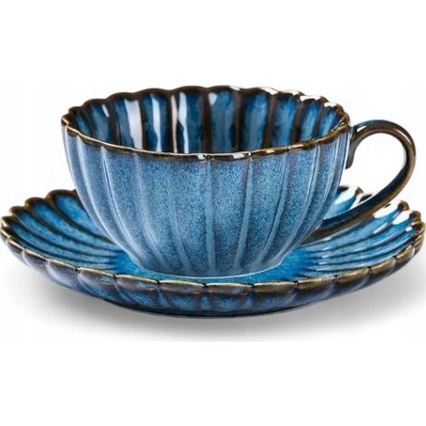 Ensemble élégant tasse et soucoupe à thé et à café, en céramique bleue, grand format