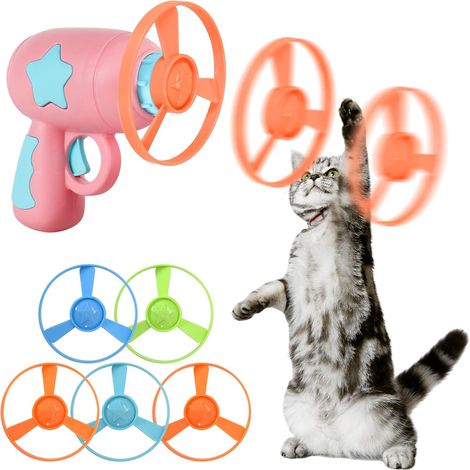 Disque volant interactif avec lanceur et 5 disques de couleurs aléatoires pour chats et chiens (rose) (1/5)