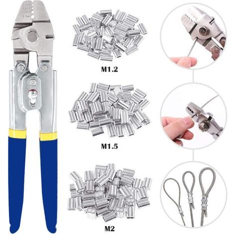 Outil de sertissage de câbles métalliques pour cable métallique jusqu'à 2,2 mm avec 150 manchons de sertissage double barillet en aluminium de 3 tailles (1/5)