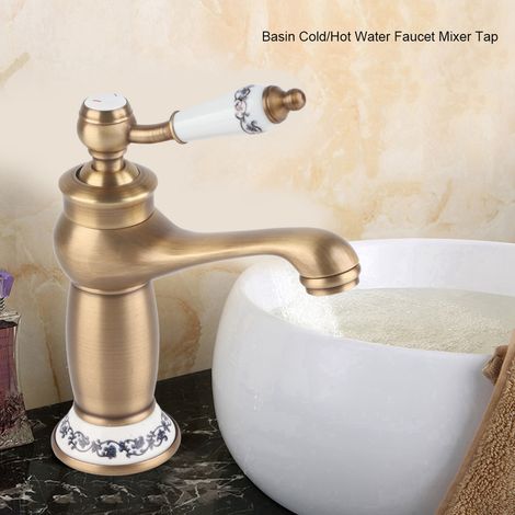 Mit Antikmuster Einhebelmischer Wasserhahn für Waschbecken, Kalt-/Warmwasser, Badarmatur in Antikoptik, floralem Design, Einlochmontage (1/5)
