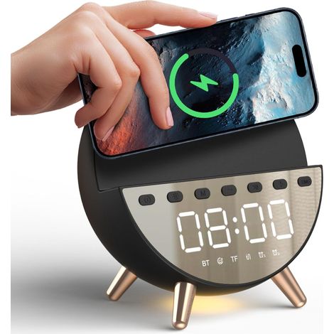 Réveil numérique avec charge sans fil et lumière blanche chaude 5 sons apaisants bruit double alarme 15 W Noir Blanc (1/5)