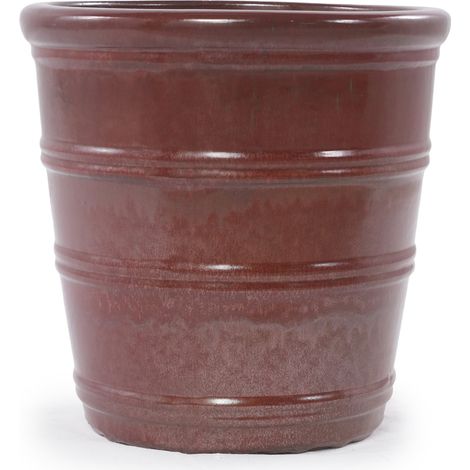 Pot en céramique fait main Ø 24 cm, rouge brun brillant avec rainures horizontales pour plantes d'intérieur et extérieur (1/5)