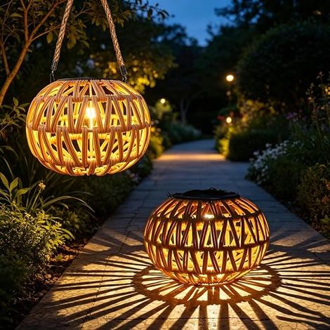 Outdoor Solar Lantern, 2 Pieces Outdoor Solar Hanging Lamp, Rattan Outdoor Solar Lamp, IP65 Waterproof Solar Lantern, for Garden, Balcony, Outdoor, Terrace, Yard (1/5)