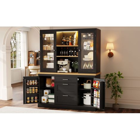 Armoire de cuisine avec éclairage LED piloté par application, 185x140x40cm, 3 tiroirs, plan de travail, étagères réglables, Noir/Blanc/Vert (1/5)