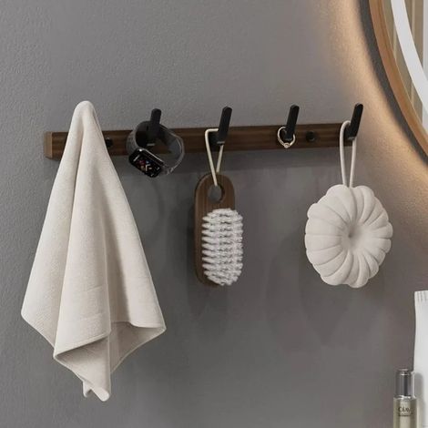 (J) Ensemble d'étagères de salle de bain en bois, étagère de douche, étagère murale de salle de bain en bois, support pour sèche-cheveux, étagère d'angle pour salle de bain (1/5)