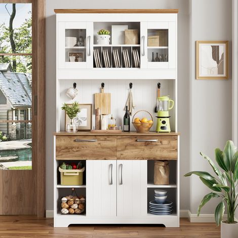 Buffet de cuisine, 106×39×176,5cm, avec rangement, meuble de cuisine avec compartiments vitrés, 2 tiroirs, portes et tringle à crochets, blanc+naturel (1/5)
