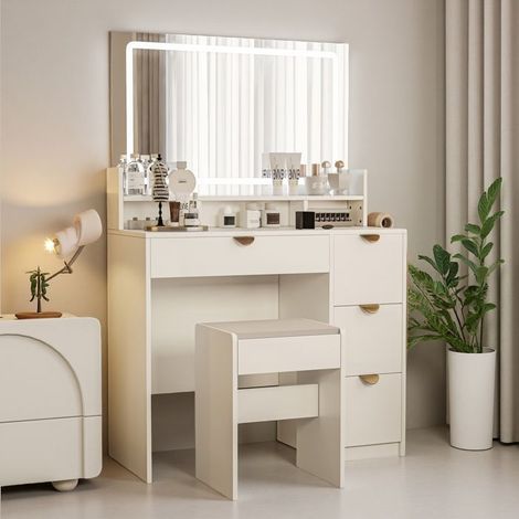 Moderne LED-Frisierkommode Weiß - Spiegel mit 3 Lichtern - Optimierter Stauraum - USB-Anschlüsse - Hocker Inklusive