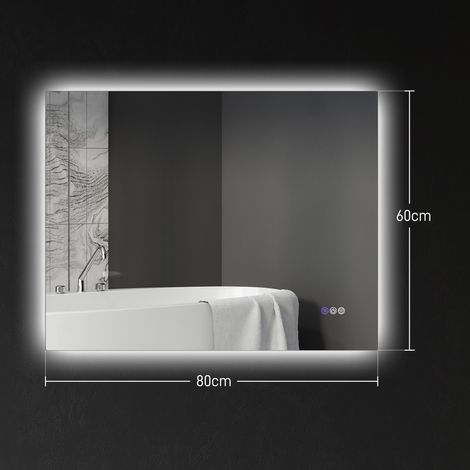 Miroir de salle de bain antibuée avec réglage de la luminosité et des couleurs, en verre et alliage d'aluminium, 80 x 60 x 4 cm (1/5)