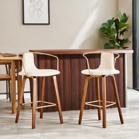 Lot de 2 tabourets de bar blancs avec accoudoirs assise en tissu (1/5)