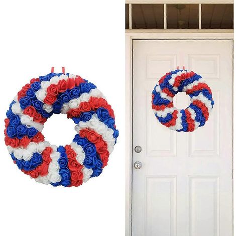 Couronne de fleurs artificielles bleues, blanches et rouges à suspendre pour la fête nationale américaine du 4 juillet, la fête du Souvenir et la décoration de porte. Ornement patriotique. (1/4)