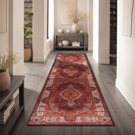 Paco Home Alfombra Salon Oriental Vintage Lavable Pelo Corto Antideslizante Rojo Blanco Colorido Naranja 80x300 cm (1/5)