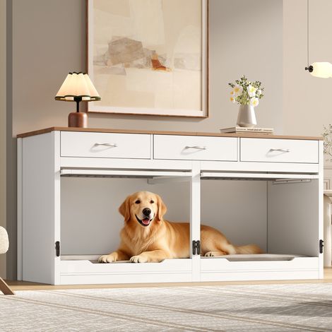 REDOM Jaula para perros 164x60x81 cm tapa abatible, separador extraíble, 3 cajones, MDF y metal, blanco y madera natural
