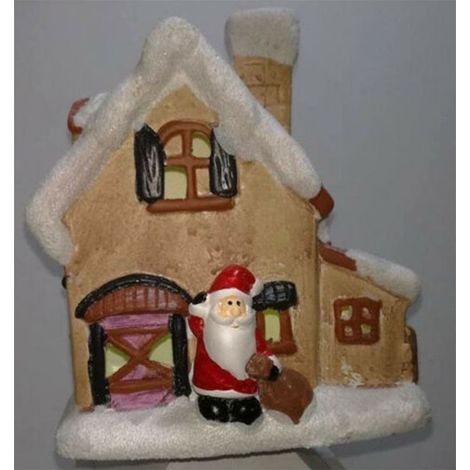 Casetta innevata babbo natale in ceramica luminosa con luci a led incorpoate 14x13 cm (1/5)