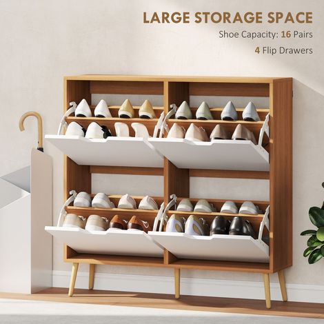 Meuble à chaussures naturel avec 4 tiroirs à ouverture rabattable et étagère réglable pour 8 à 16 paires de chaussures - Organisation de la maison (1/5)