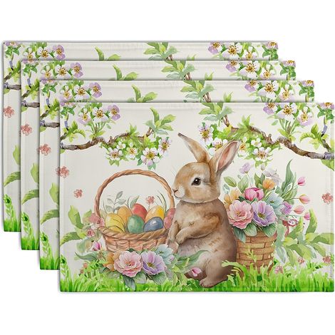 Lot de 4 sets de table Lapin de Pâques — Motifs printaniers : œufs et fleurs, 12 x 18 pouces — Sets de table en tissu style Ferme (1/5)
