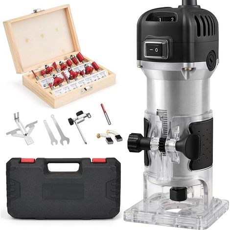 Outil de défonceuse électrique 800 W, 6 vitesses variables max 33000R/min, défonceuse à bois avec base transparente, défonceuse à bois manuelle avec 15 fraises pour travaux manuels et bricolage, noir (1/5)