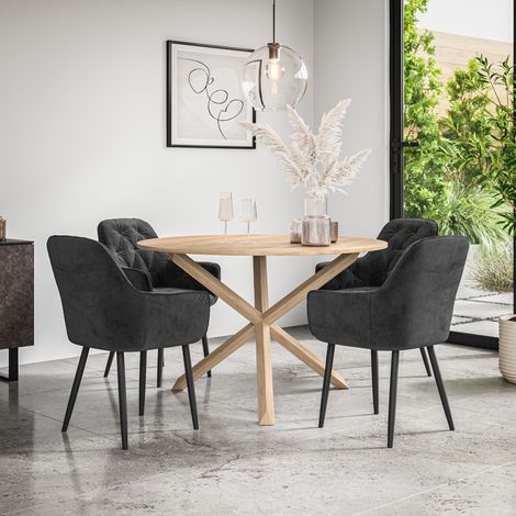 Malvern Round Dining Table And Chairs - Oak Table Top w Solid Oak Legs + Anika Velvet Dining Chair Set Of 4 (Black) (1/5)