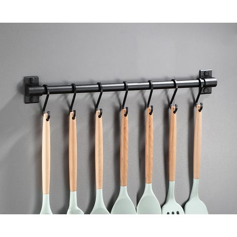 Küchenorganizer aus Aluminium/Edelstahl – Kein Bohren erforderlich – 50 cm – Hängestange mit 7 Haken – Schwarz (Küchenutensilien nicht enthalten)