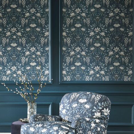 Papier peint intissé Laura Ashley Végétal Parterre Dark Seaspray 1005 x 52cm Bleu