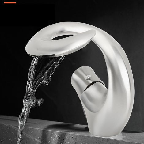 Waschbeckenarmatur aus Messing mit Warm- und Kaltwasseranschluss, kreatives Waschbecken, eingelassenes Waschbecken im Wasserfall-Stil, silberfarben. (1/5)