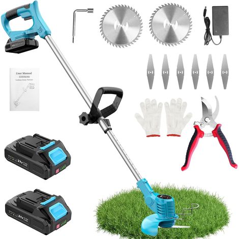 Débroussailleuse Electrique sans Fil 21V, Coupe Bordure sans Fil avec 2 Batteries 2.0Ah, 2 Types de Metal Lames Débroussailleuse Batterie, Sécateur de Jardin, Poignée Réglable pour Élagage (Bleu) (1/5)